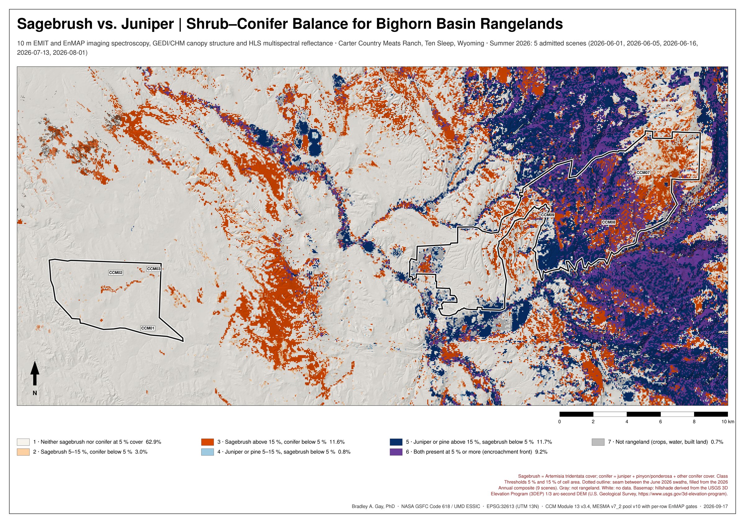 Sagebrush vs. juniper — shrub–conifer balance, summer 2026